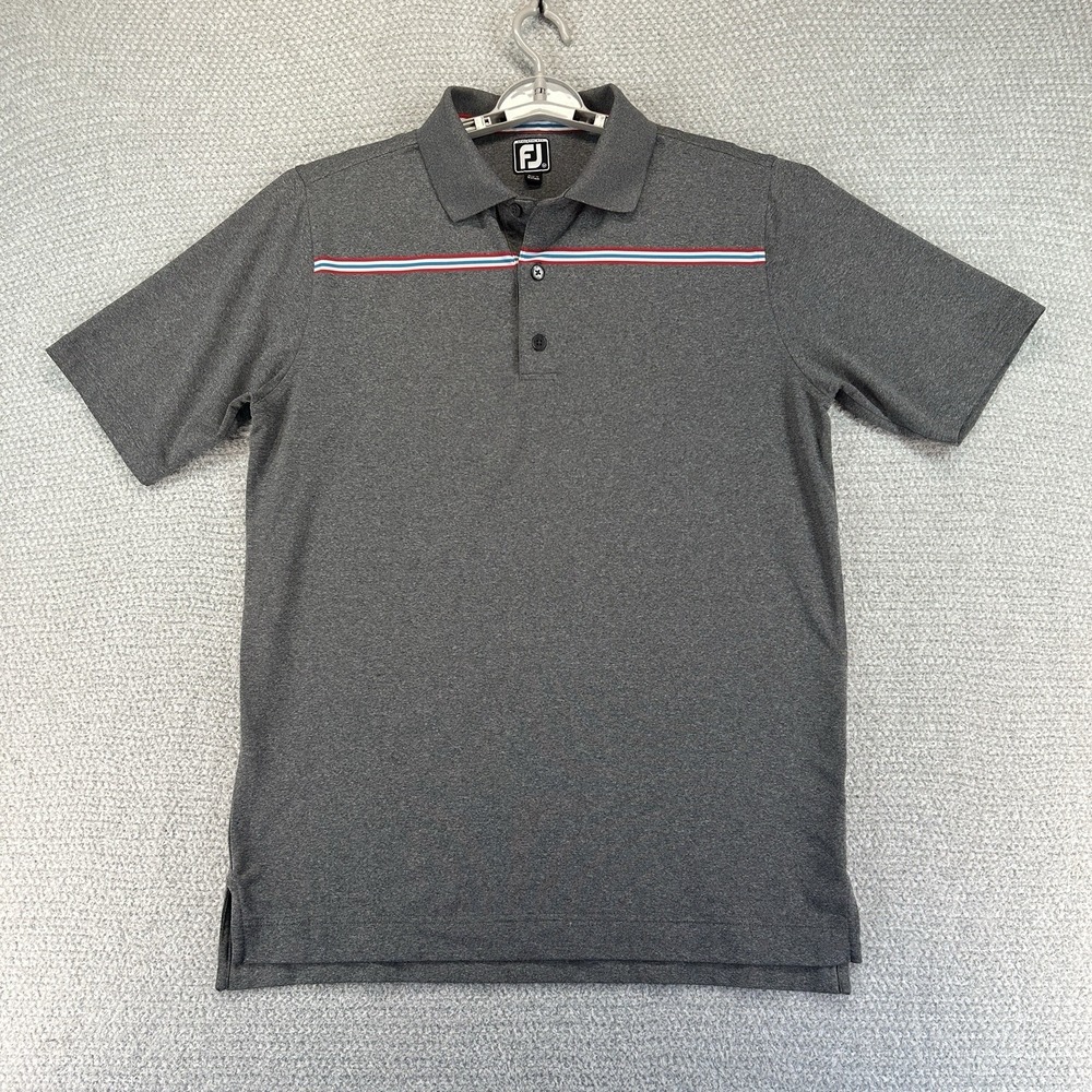 Footjoy Polo Shirt Men Medium Gray Striped Athletic Fit Golf Performance Stretch